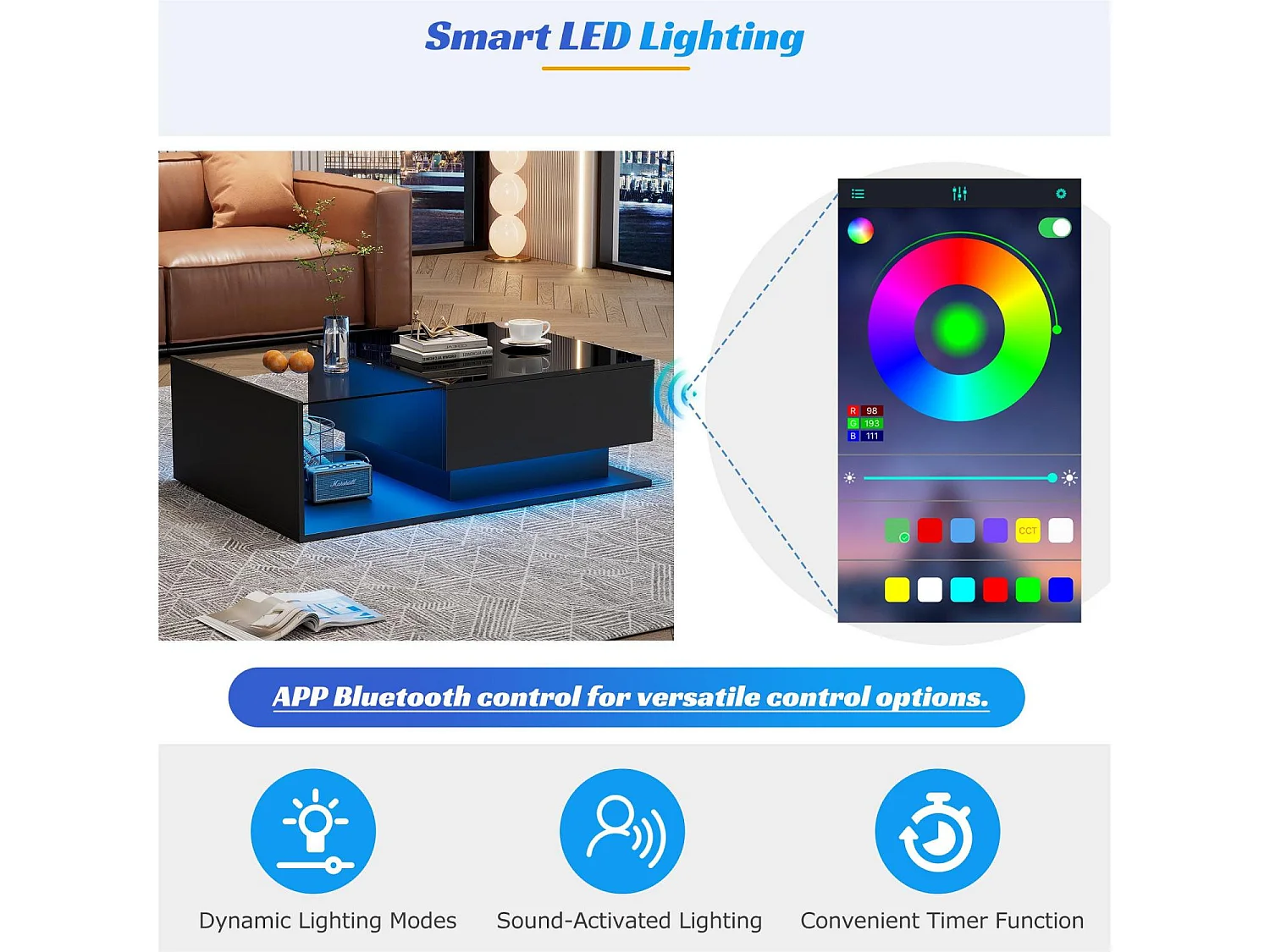 Salontafel met LED-verlichting - met glazen blad en lades - Zwart