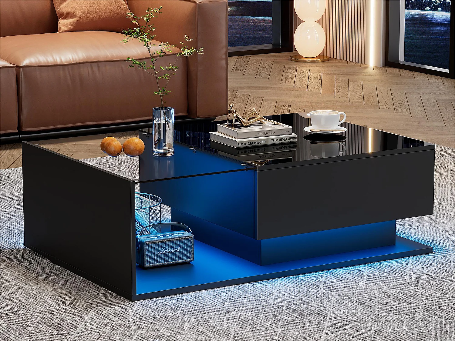 Salontafel met LED-verlichting - met glazen blad en lades - Zwart