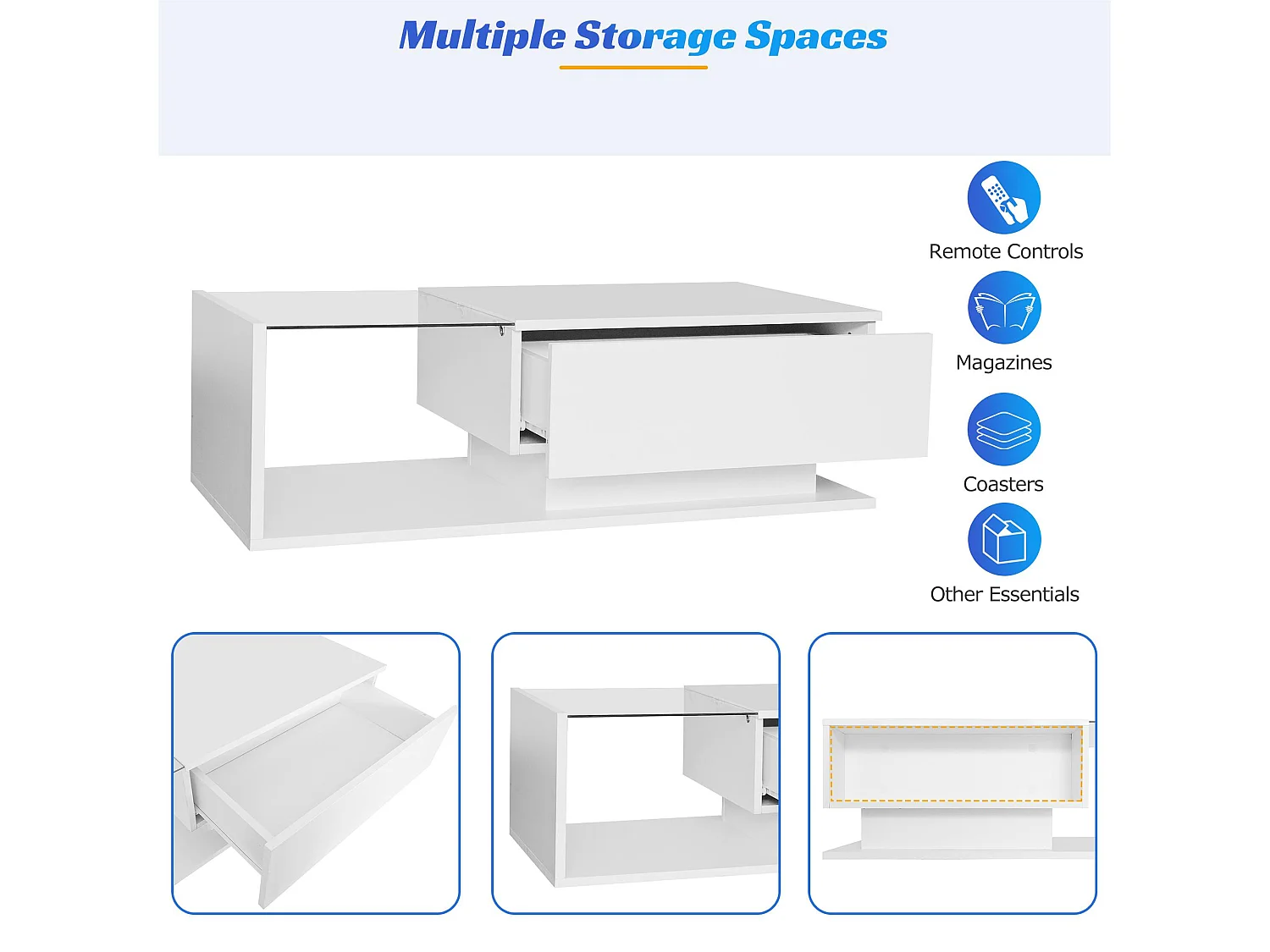 Mesa de centro con iluminación LED - con tapa de cristal y cajones - Blanco
