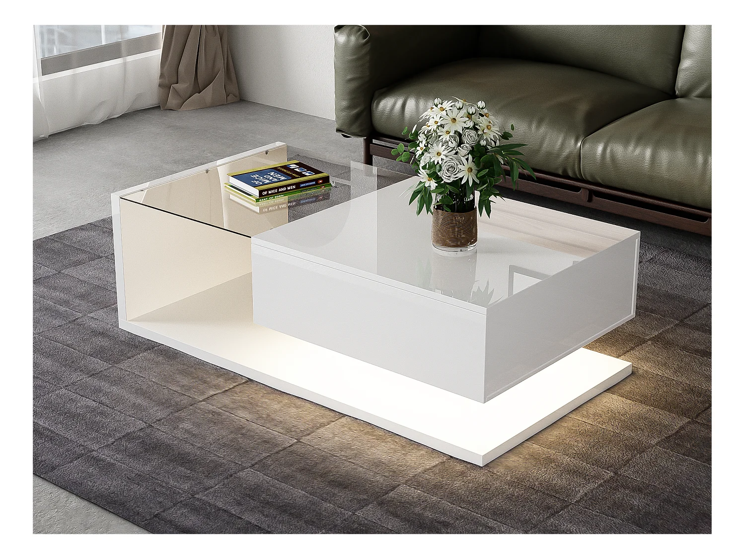 Table basse avec éclairage LED - avec plateau en verre et tiroirs - Blanc
