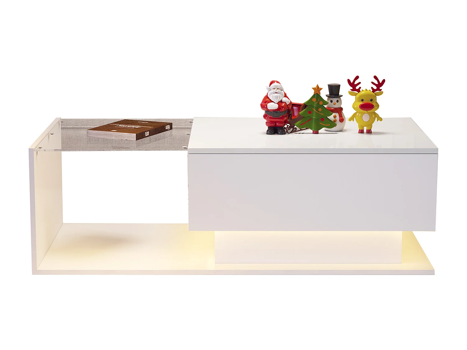 Mesa de centro com iluminação LED - com tampo de vidro e gavetas - Branca