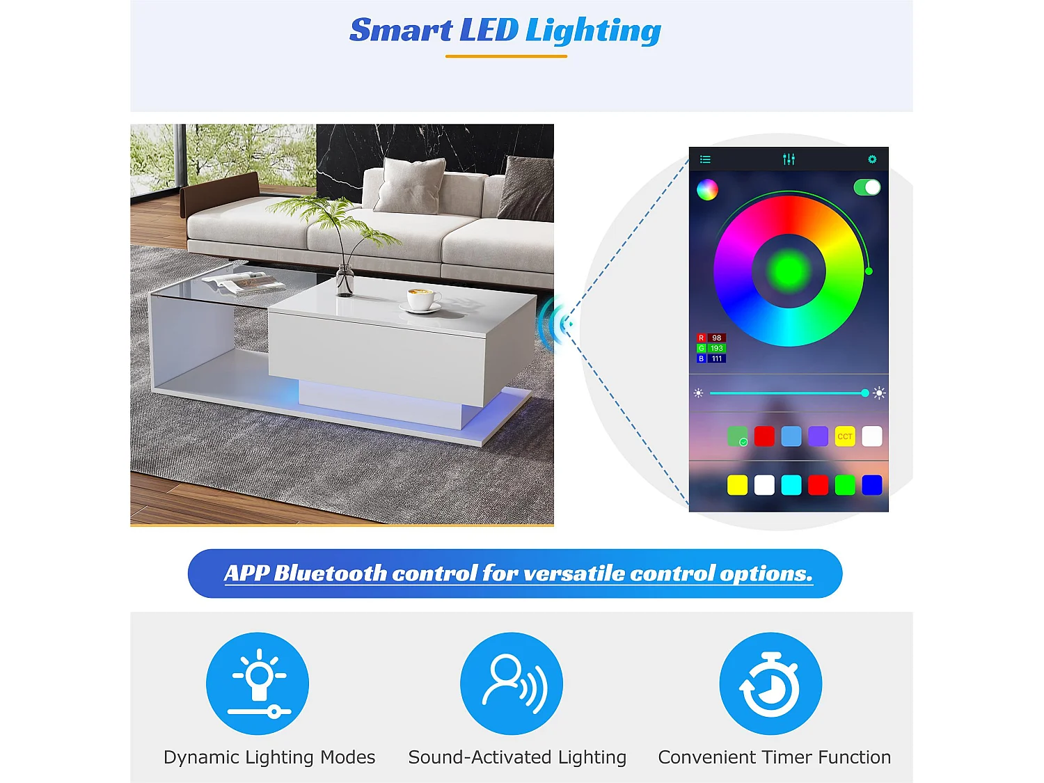 Table basse avec éclairage LED - avec plateau en verre et tiroirs - Blanc