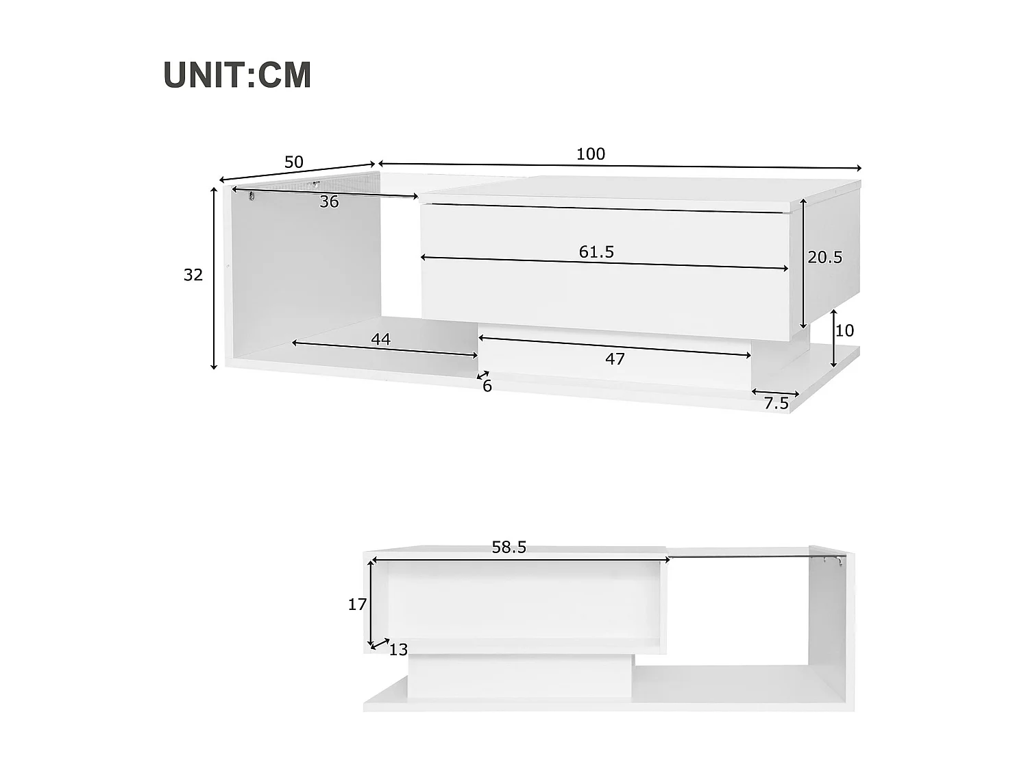 Table basse avec éclairage LED - avec plateau en verre et tiroirs - Blanc