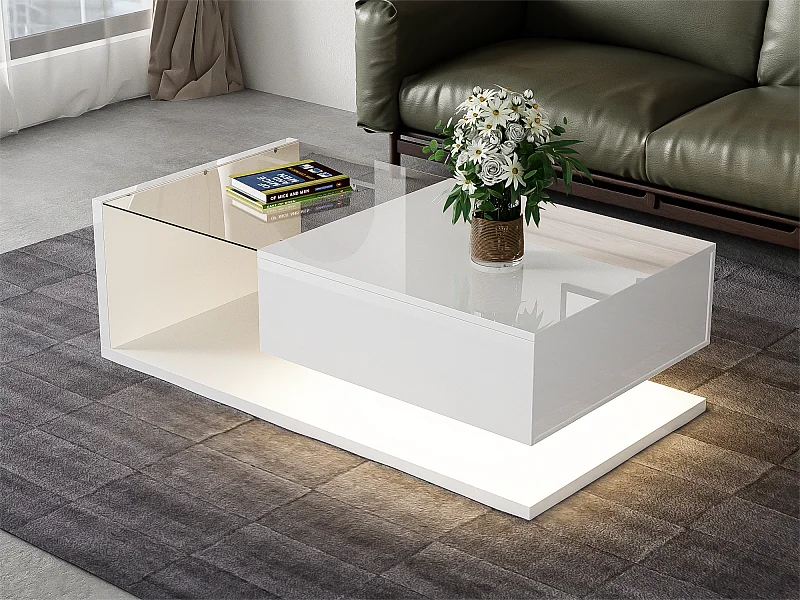 Table basse avec éclairage LED - avec plateau en verre et tiroirs - Blanc