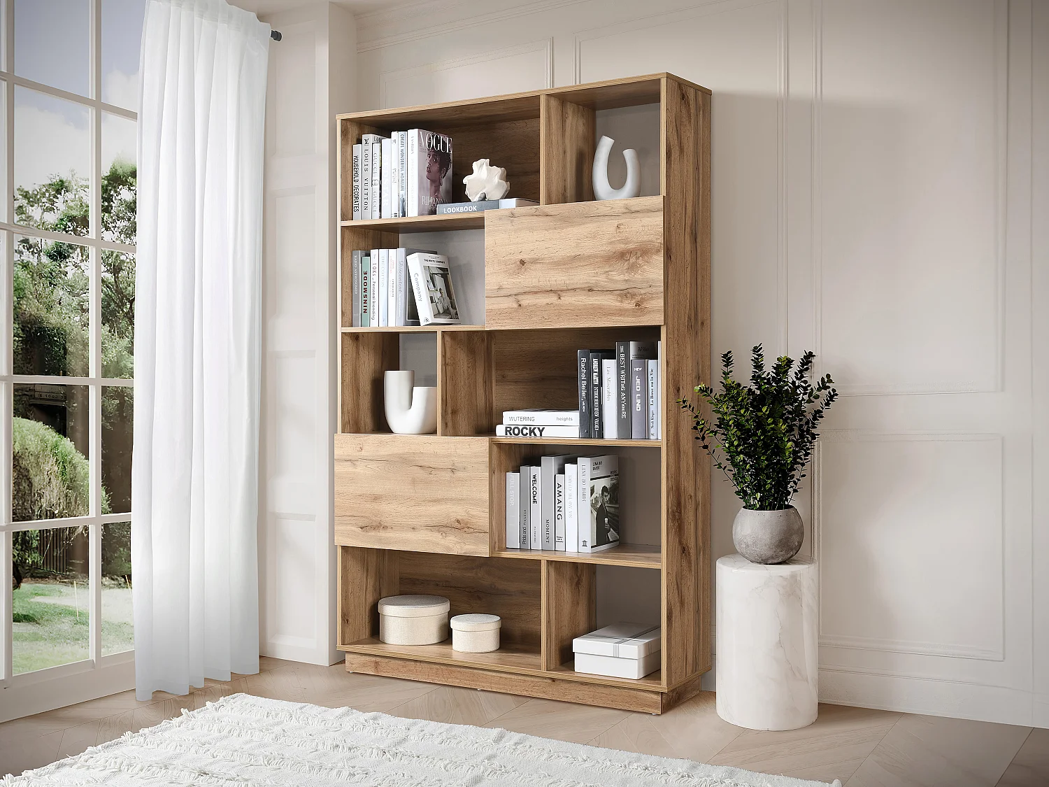 Boekenkast met 2 deuren en 8 nissen - Naturel - CEVANIA