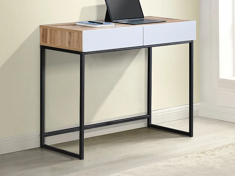 Bureau console avec 2 tiroirs - Blanc et naturel - CEVANIA