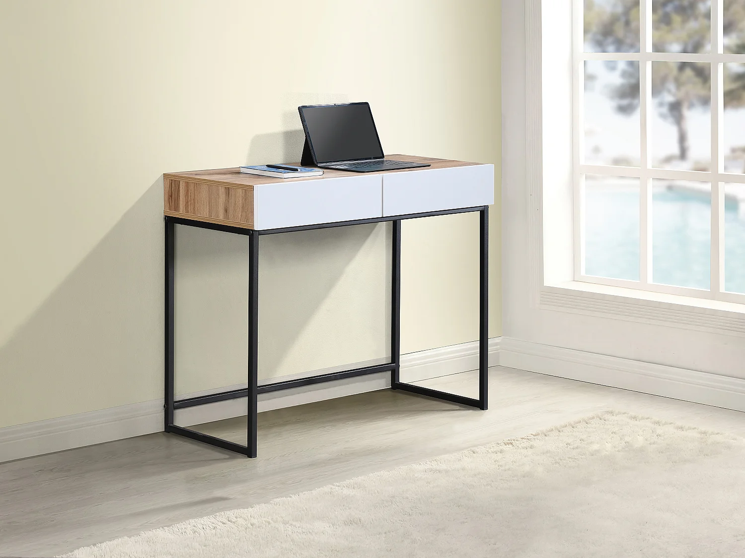Bureau console avec 2 tiroirs - Blanc et naturel - CEVANIA