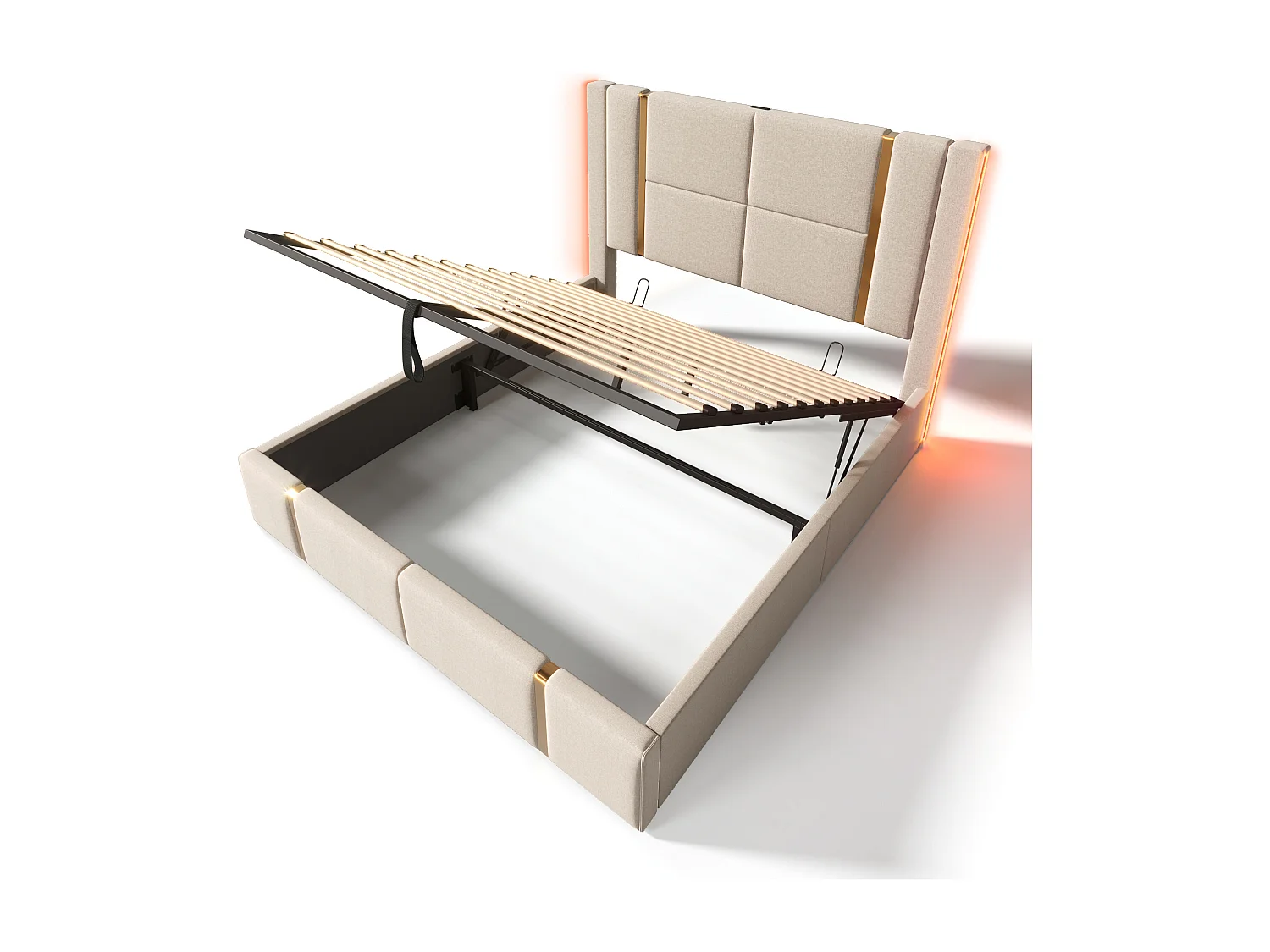 Cama baúl 160x200 cm tapizada en tela de lino - con LED y función de carga - con somier de láminas - Beige