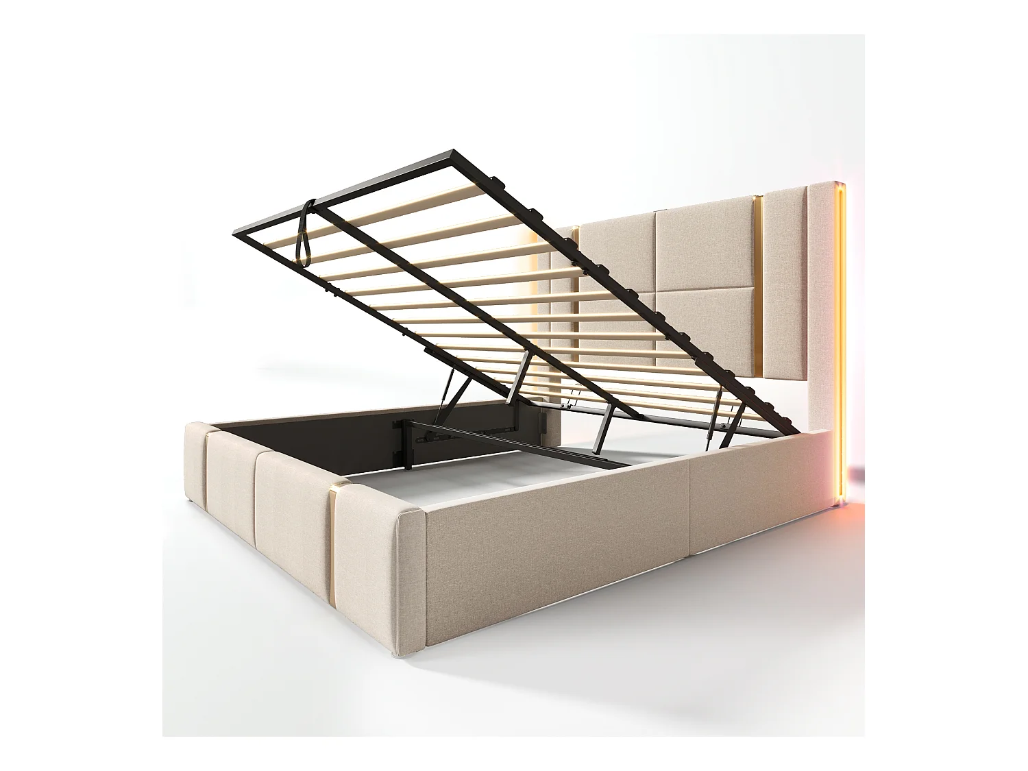 Opbergbed 160x200 cm gestoffeerd in linnen stof - met LED-verlichting en oplaadfunctie - met lattenbodem - Beige