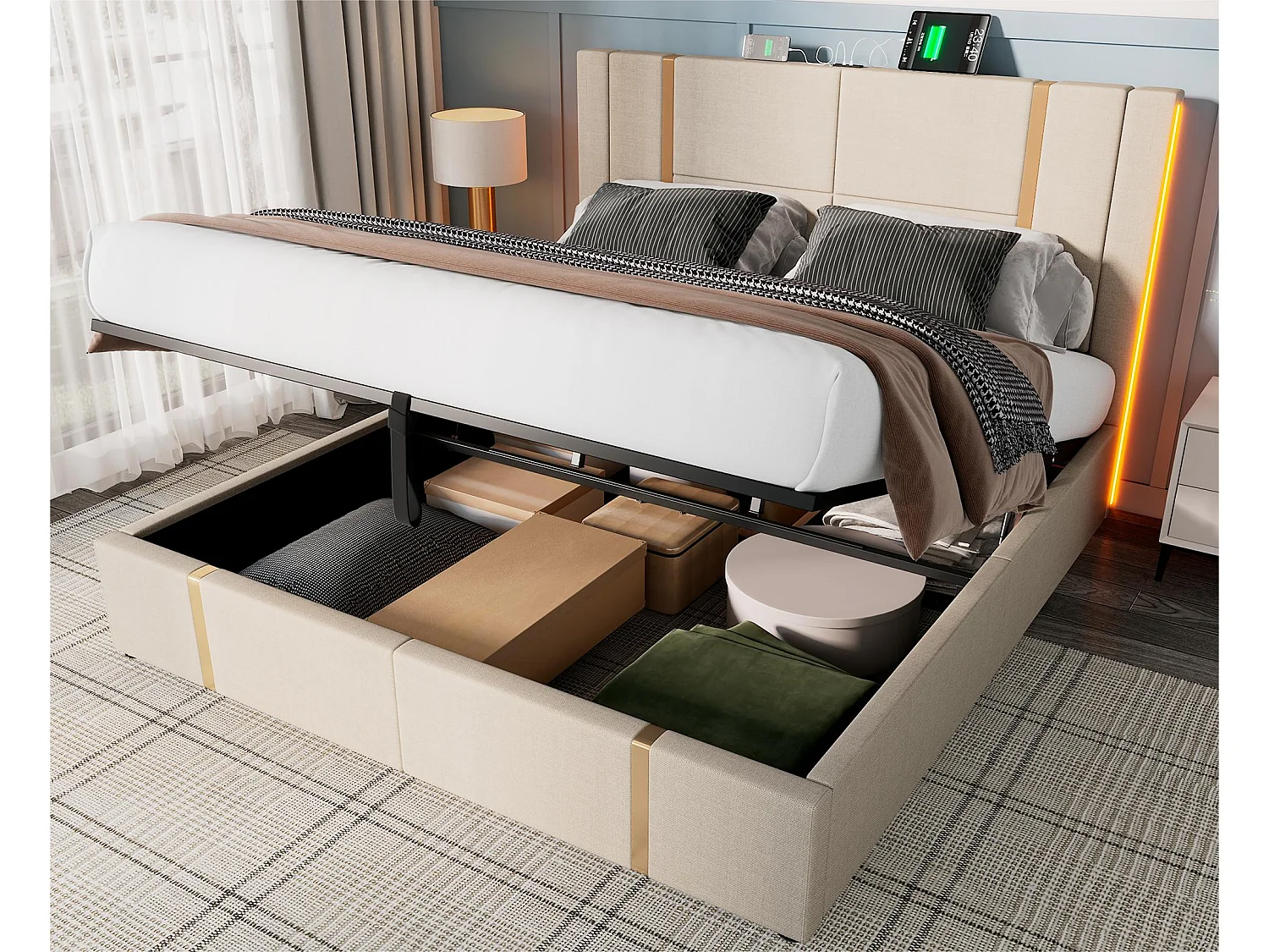 Lit coffre 160x200 cm rembourré en tissu de lin - avec LED et fonction de recharge - avec sommier à lattes - Beige