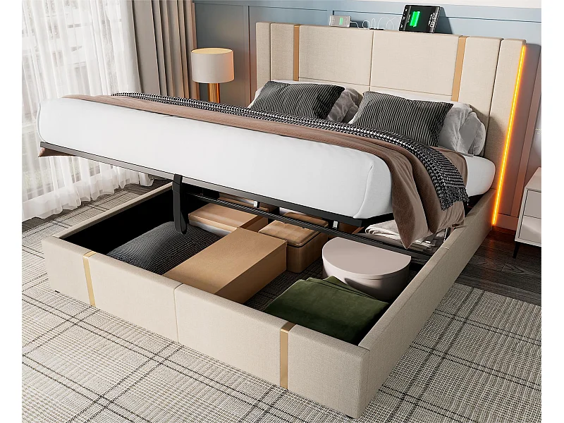 Lit coffre 160x200 cm rembourré en tissu de lin - avec LED et fonction de recharge - avec sommier à lattes - Beige