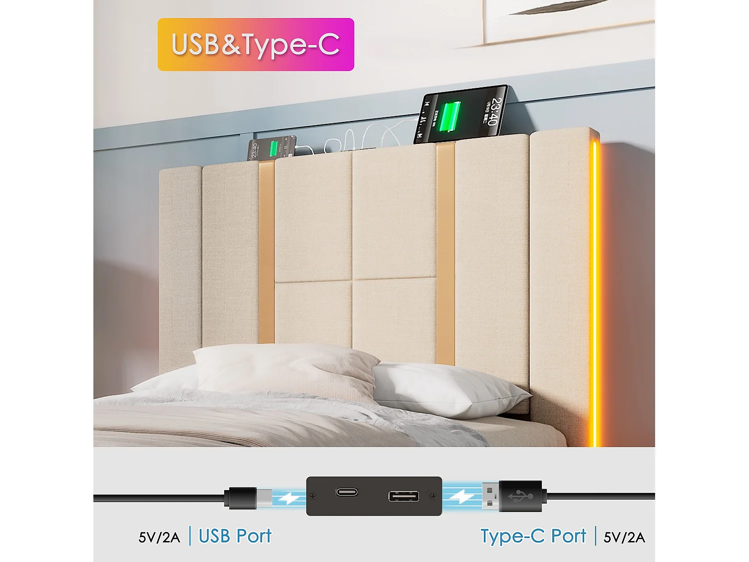 Lit coffre 90x200 cm rembourré en tissu de lin - avec LED et fonction de recharge - avec sommier à lattes - Beige