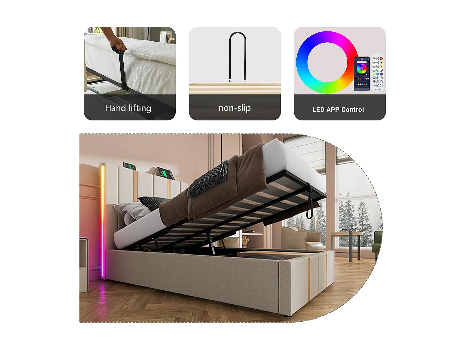 Lit coffre 90x200 cm rembourré en tissu de lin - avec LED et fonction de recharge - avec sommier à lattes - Beige