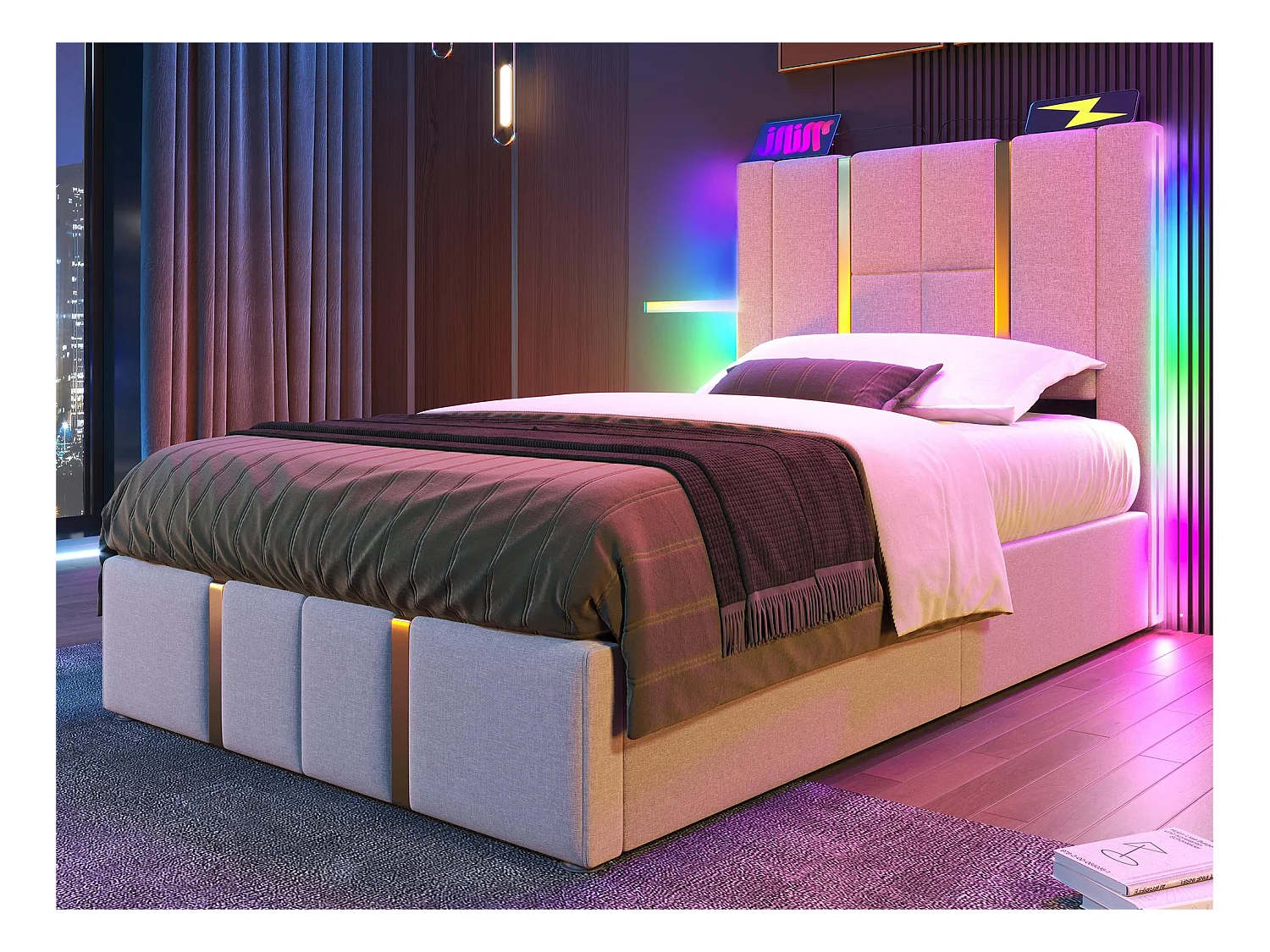 Lit coffre 90x200 cm rembourré en tissu de lin - avec LED et fonction de recharge - avec sommier à lattes - Beige