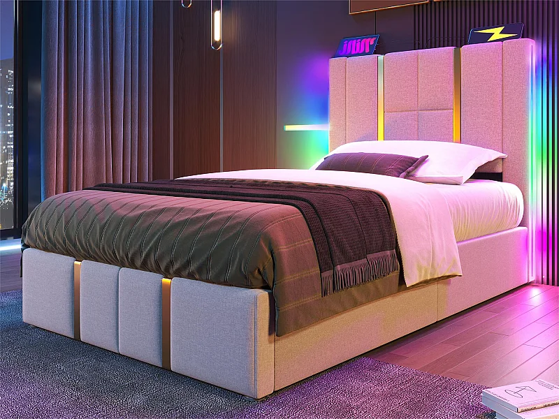 Opbergbed 90x200 cm gestoffeerd in linnen stof - met LED-verlichting en oplaadfunctie - met lattenbodem - Beige