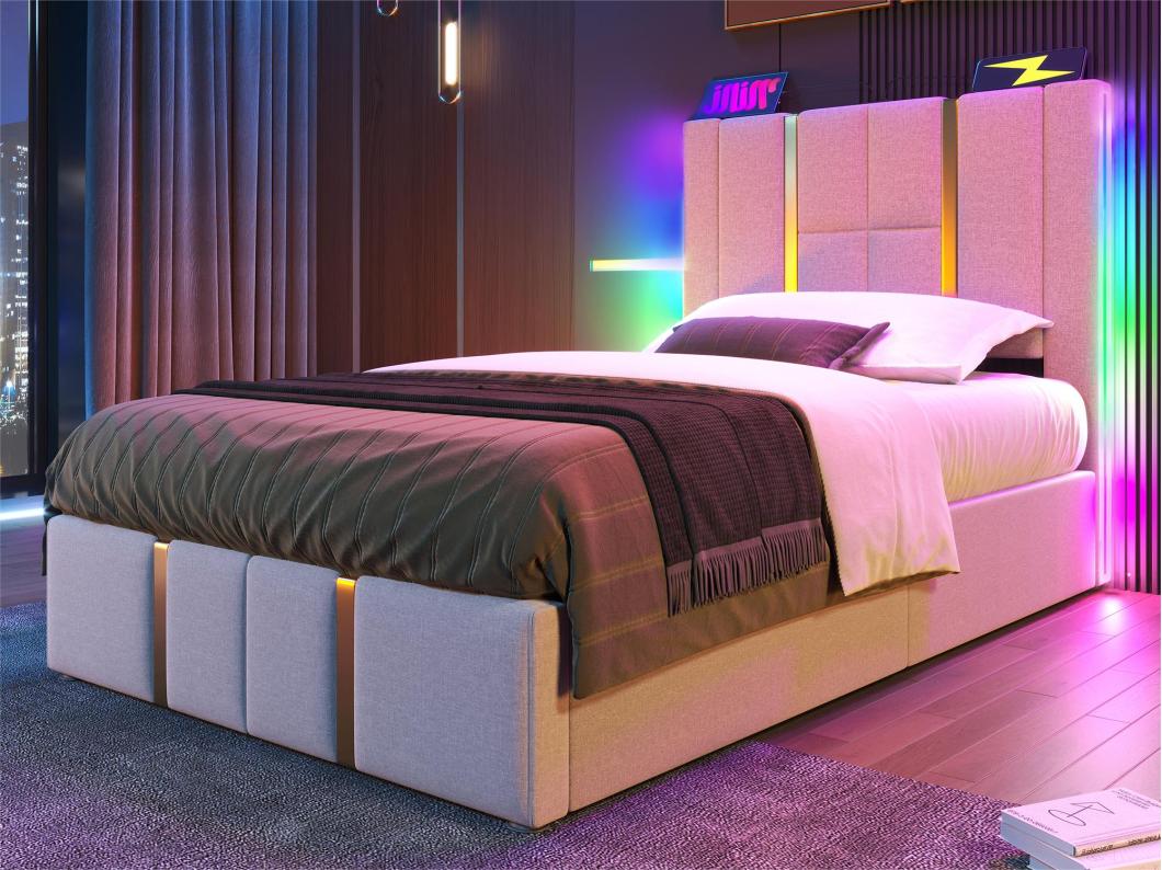 Opbergbed 90x200 cm gestoffeerd in linnen stof - met LED-verlichting en oplaadfunctie - met lattenbodem - Beige