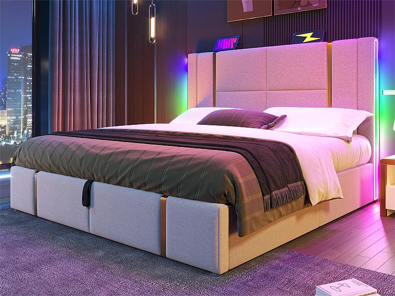 Cama baúl 140x200 cm tapizada en tela de lino - con LED y función de carga - con somier de láminas - Beige