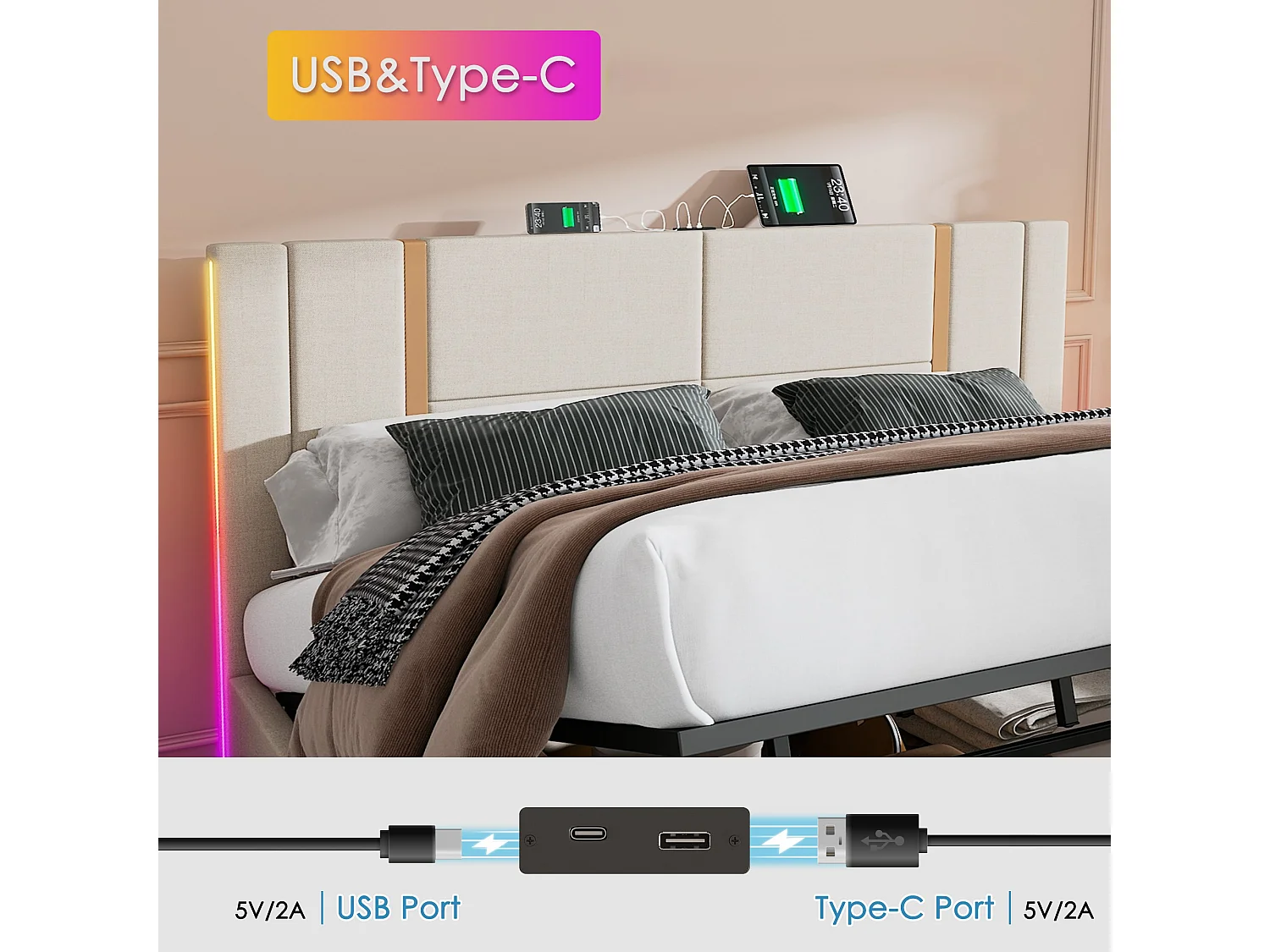 Cama baúl 140x200 cm tapizada en tela de lino - con LED y función de carga - con somier de láminas - Beige