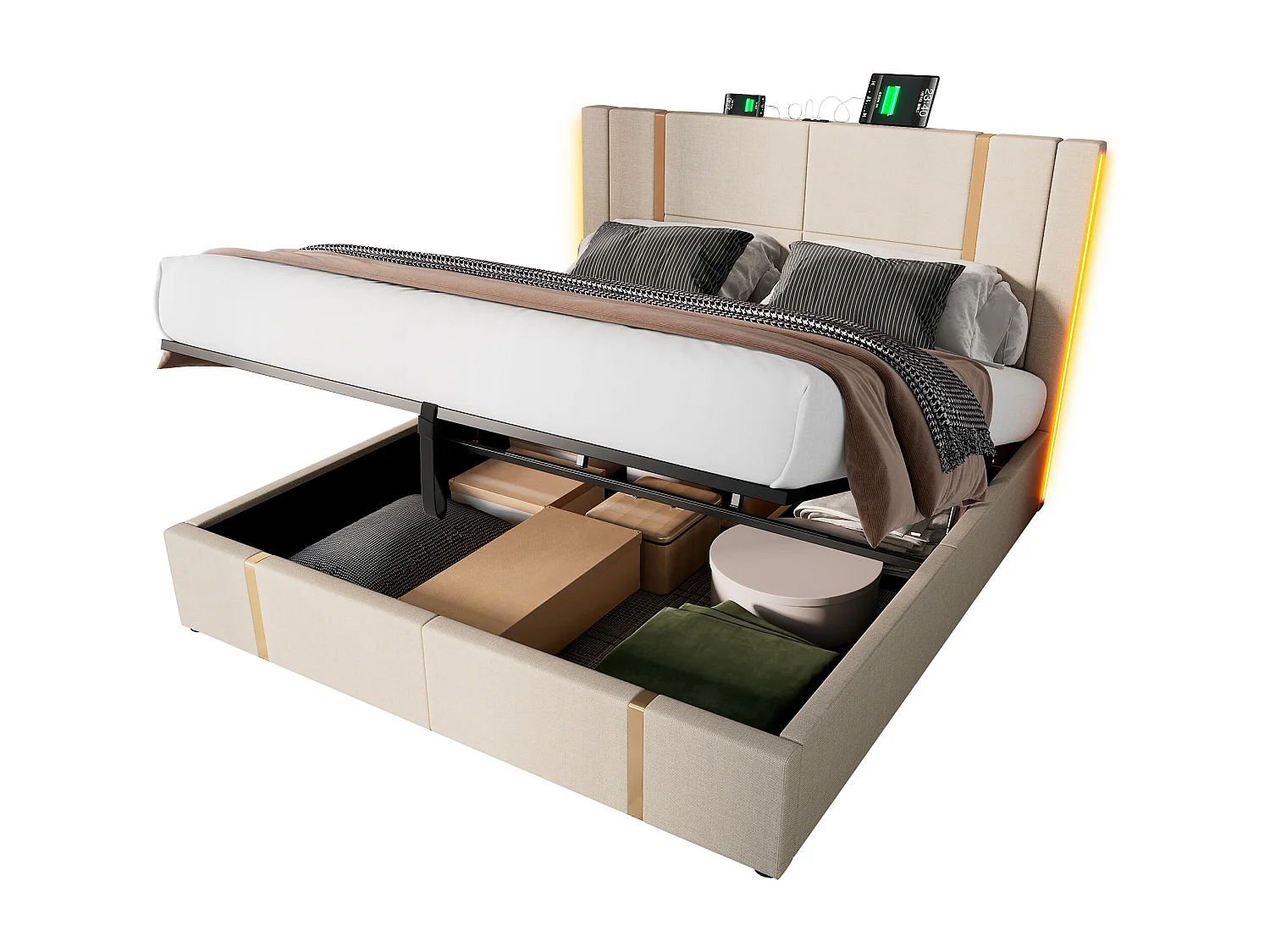 Letto contenitore 140x200 cm imbottito in tessuto di lino - con LED e funzione di ricarica - con doghe - Beige