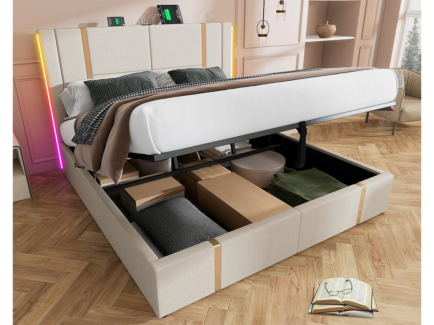Opbergbed 180x200 cm gestoffeerd in linnen stof - met LED-verlichting en oplaadfunctie - met lattenbodem - Beige