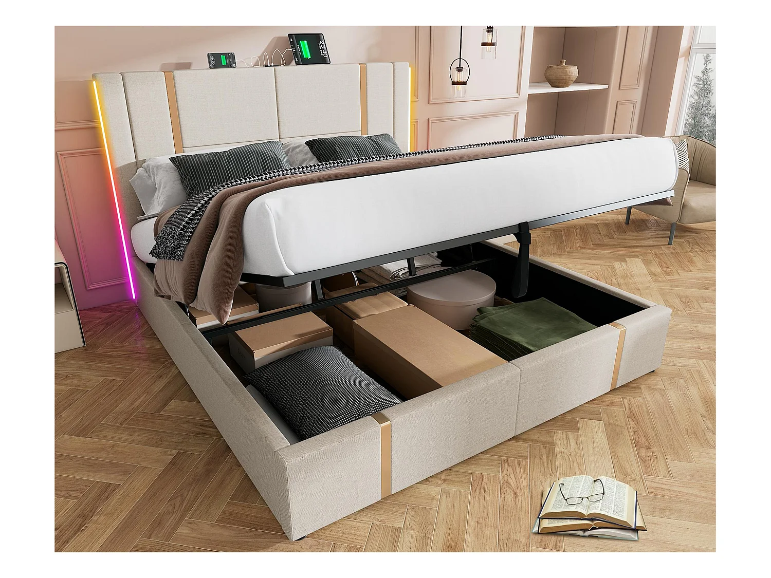 Lit coffre 180x200 cm rembourré en tissu de lin - avec LED et fonction de recharge - avec sommier à lattes - Beige