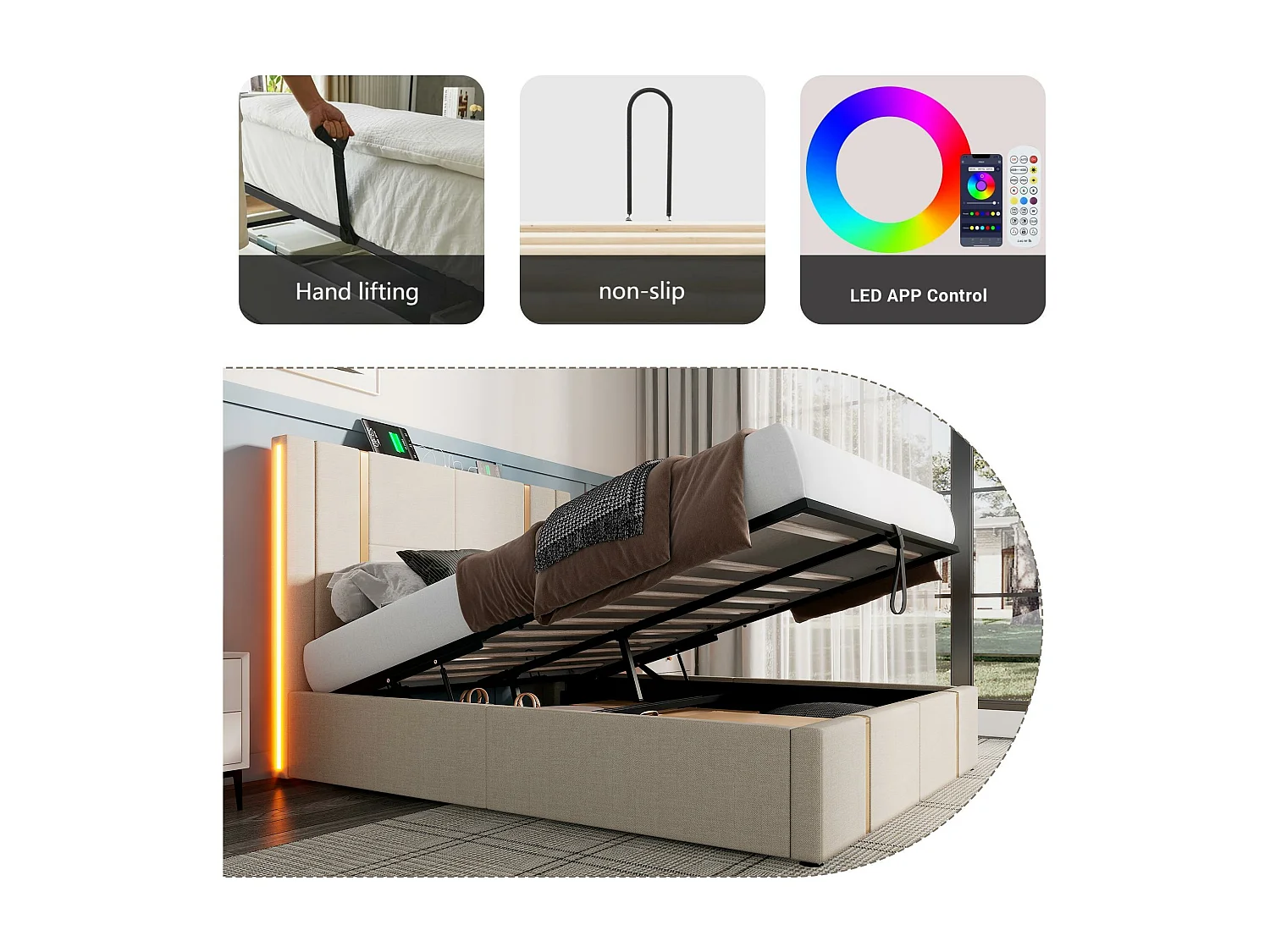 Bettkastenbett 180x200 cm gepolstert in Leinenstoff - mit LED und Ladefunktion - mit Lattenrost - Beige