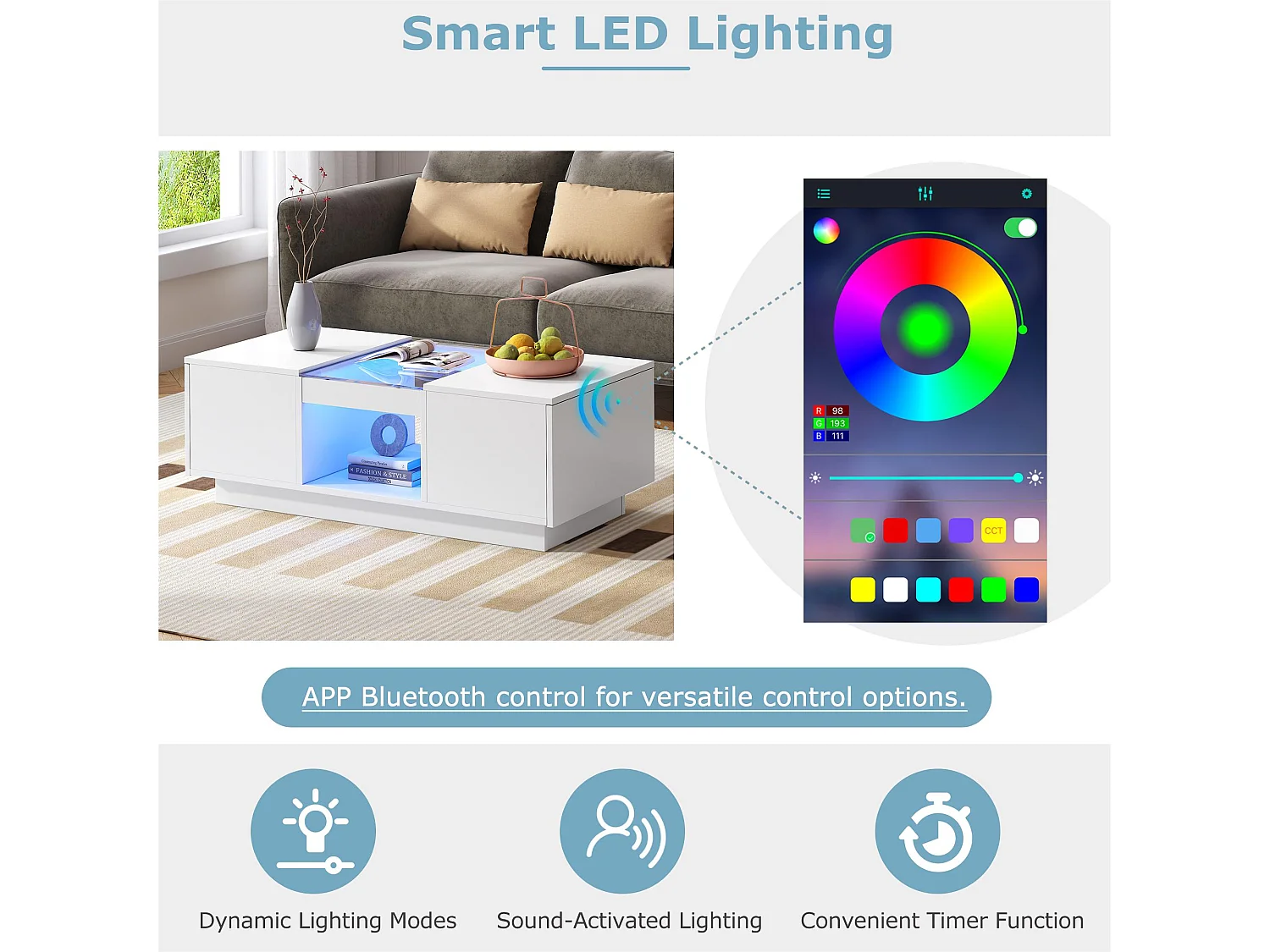 Mesa de centro com LED - 2 gavetas e 1 compartimento aberto - Branco