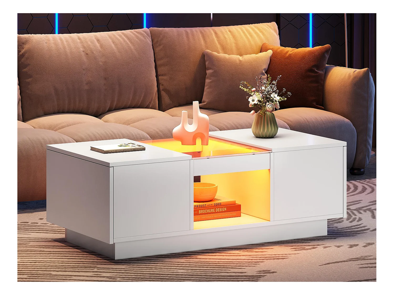 Table basse avec LED - 2 tiroirs & 1 compartiment ouvert - Blanc