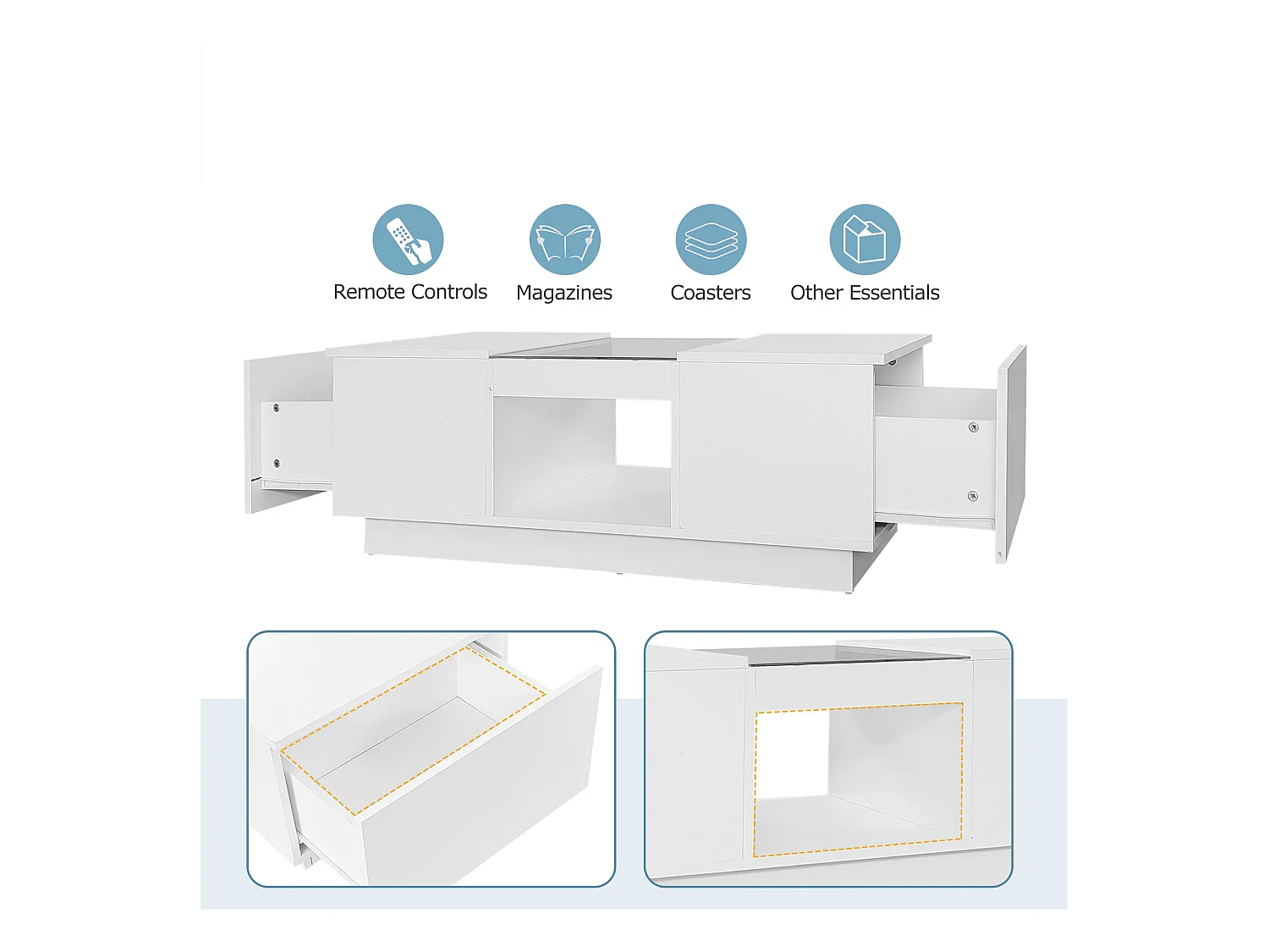 Salontafel met LED - 2 laden & 1 open vak - Wit