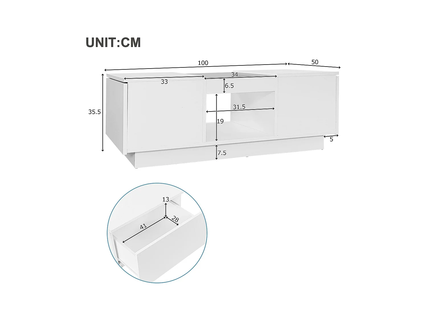 Salontafel met LED - 2 laden & 1 open vak - Wit