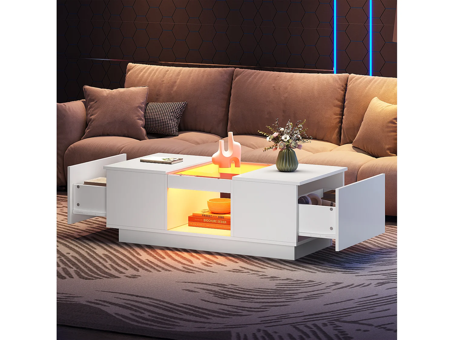 Table basse avec LED - 2 tiroirs & 1 compartiment ouvert - Blanc