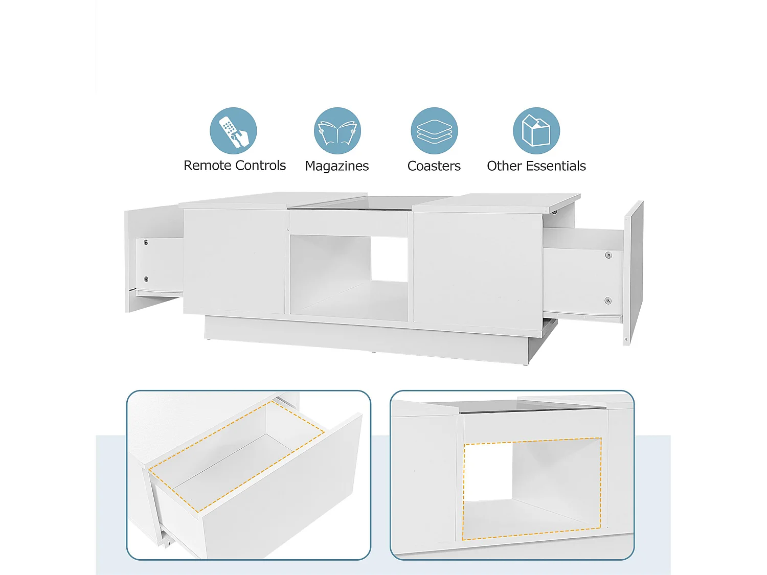 Table basse avec LED - 2 tiroirs & 1 compartiment ouvert - Blanc