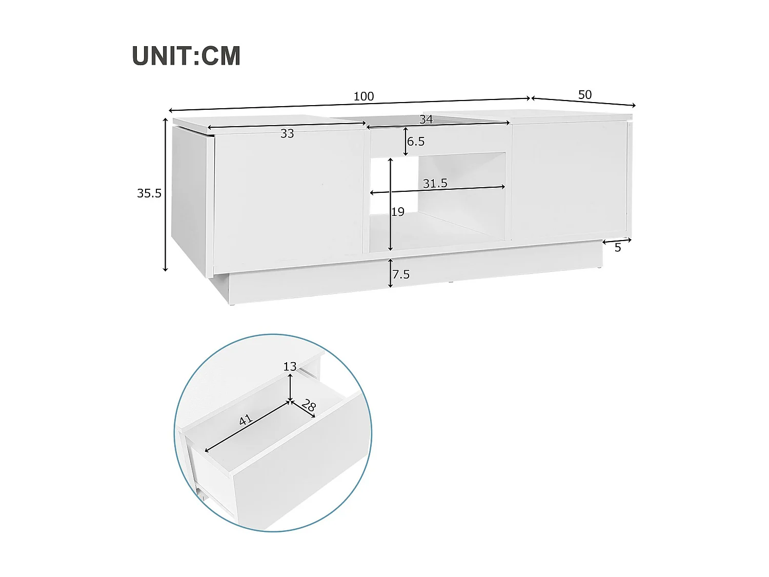 Table basse avec LED - 2 tiroirs & 1 compartiment ouvert - Blanc