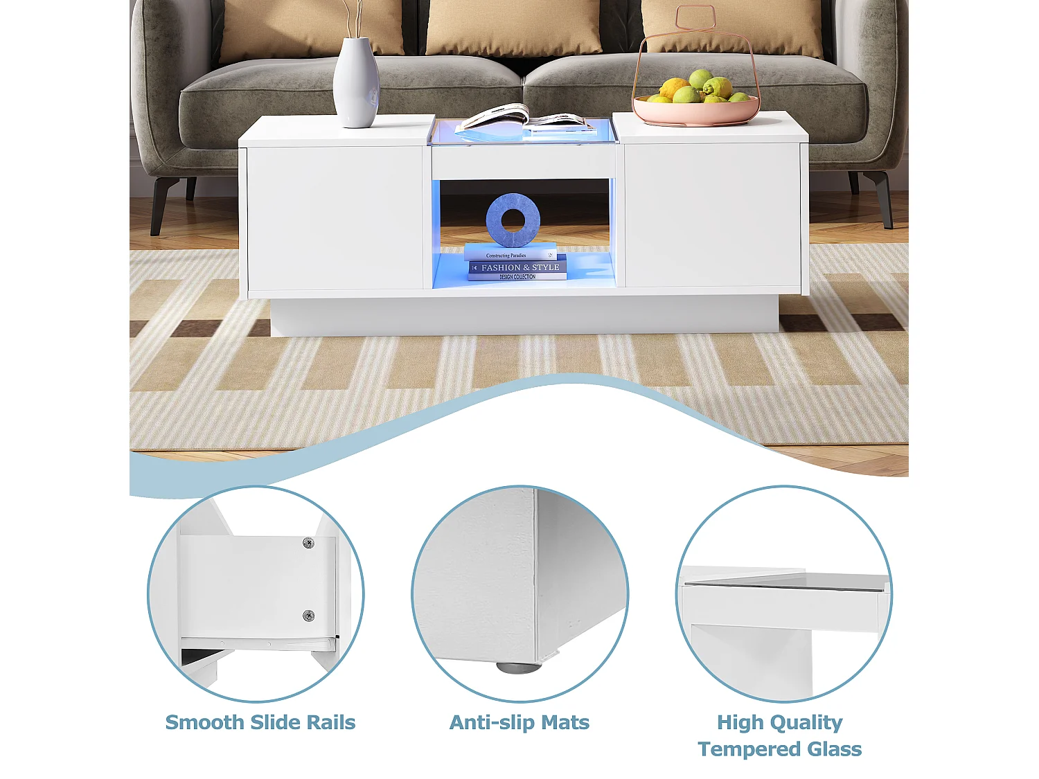 Table basse avec LED - 2 tiroirs & 1 compartiment ouvert - Blanc