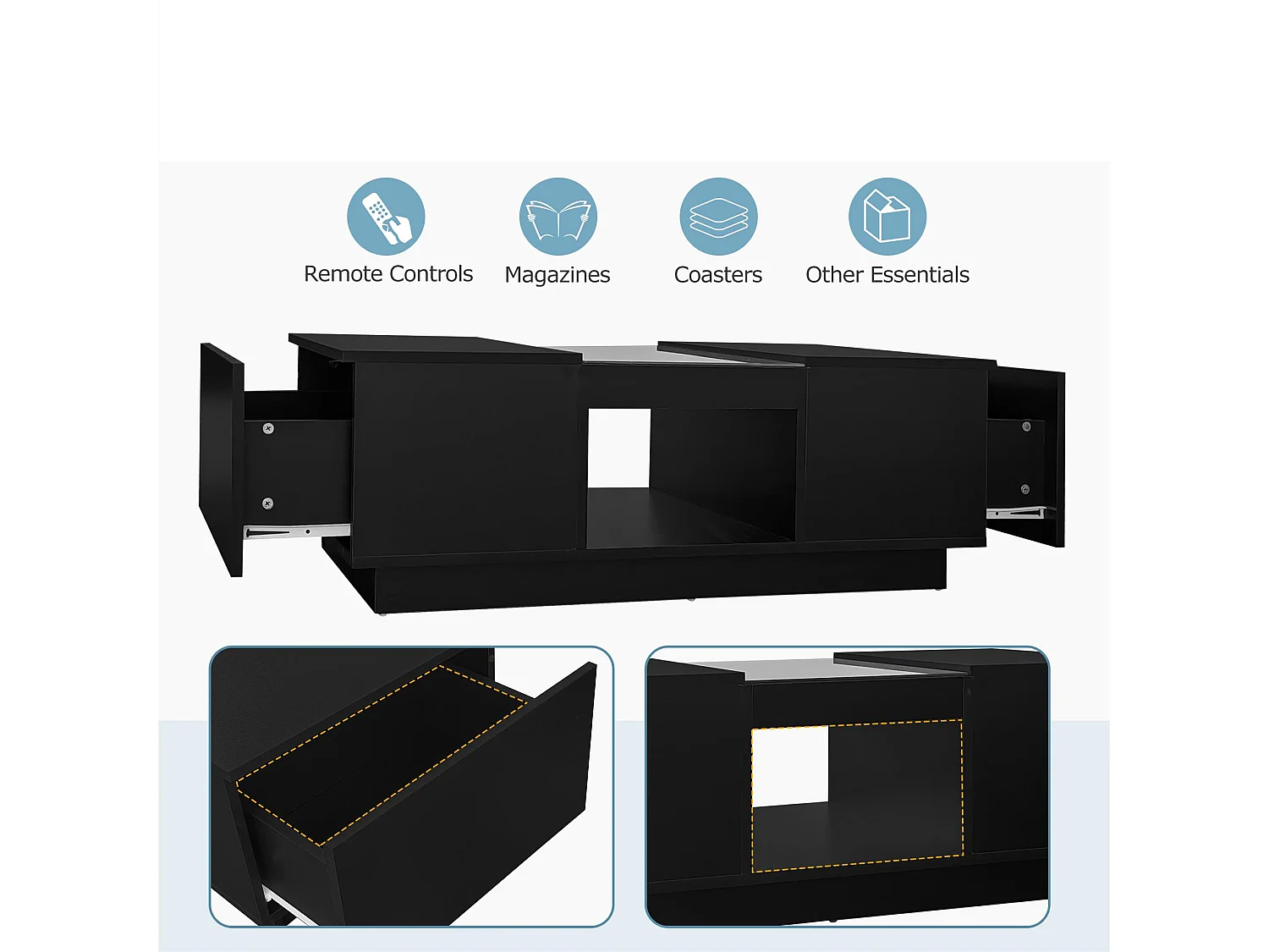 Mesa de centro con LED - 2 cajones y 1 compartimento abierto - Negro