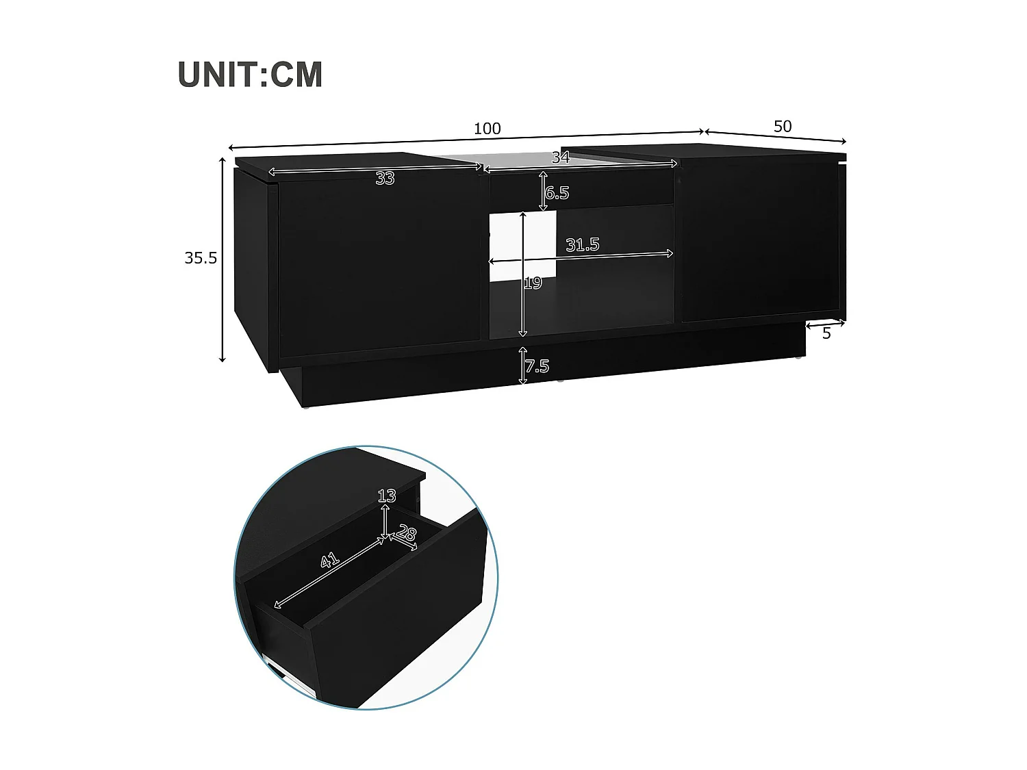 Mesa de centro con LED - 2 cajones y 1 compartimento abierto - Negro