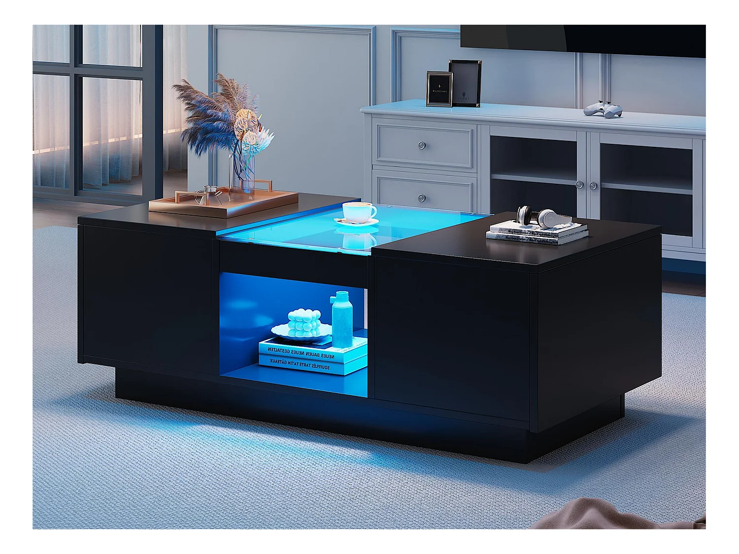 Table basse avec LED - 2 tiroirs & 1 compartiment ouvert - Noir