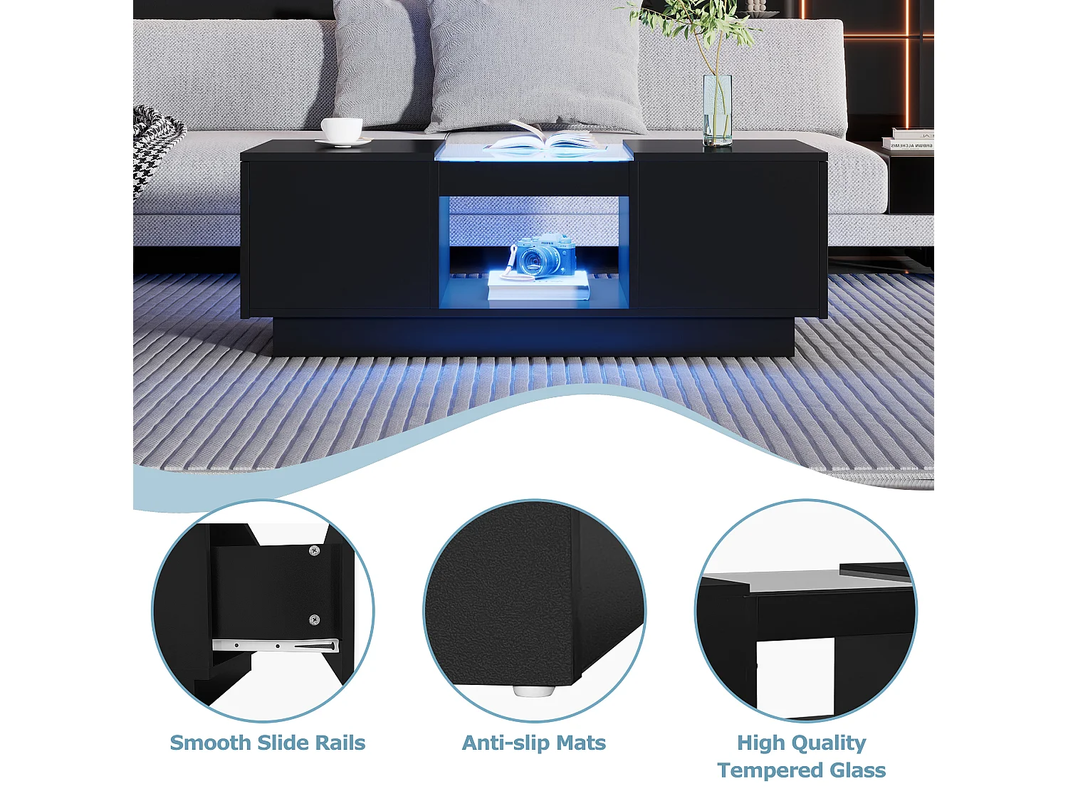 Salontafel met LED - 2 laden & 1 open vak - Zwart