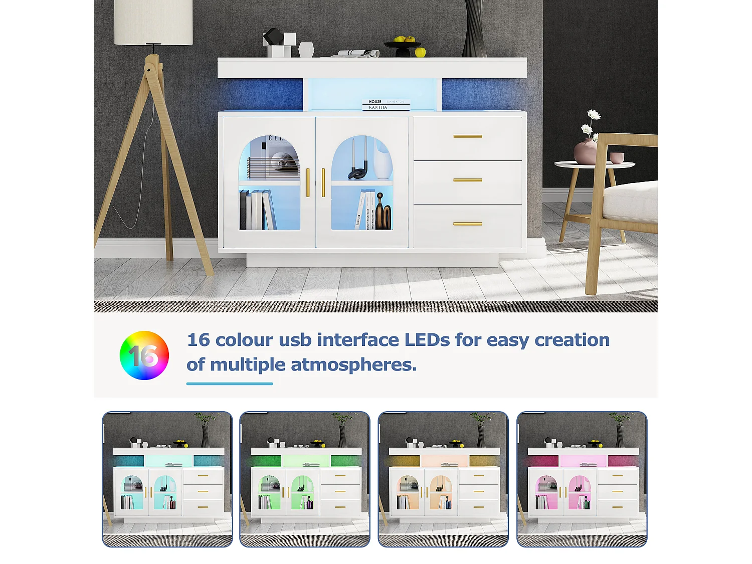 Sideboard, Küchenschrank mit LED – 3 Schubladen und 2 Türen – Weiß