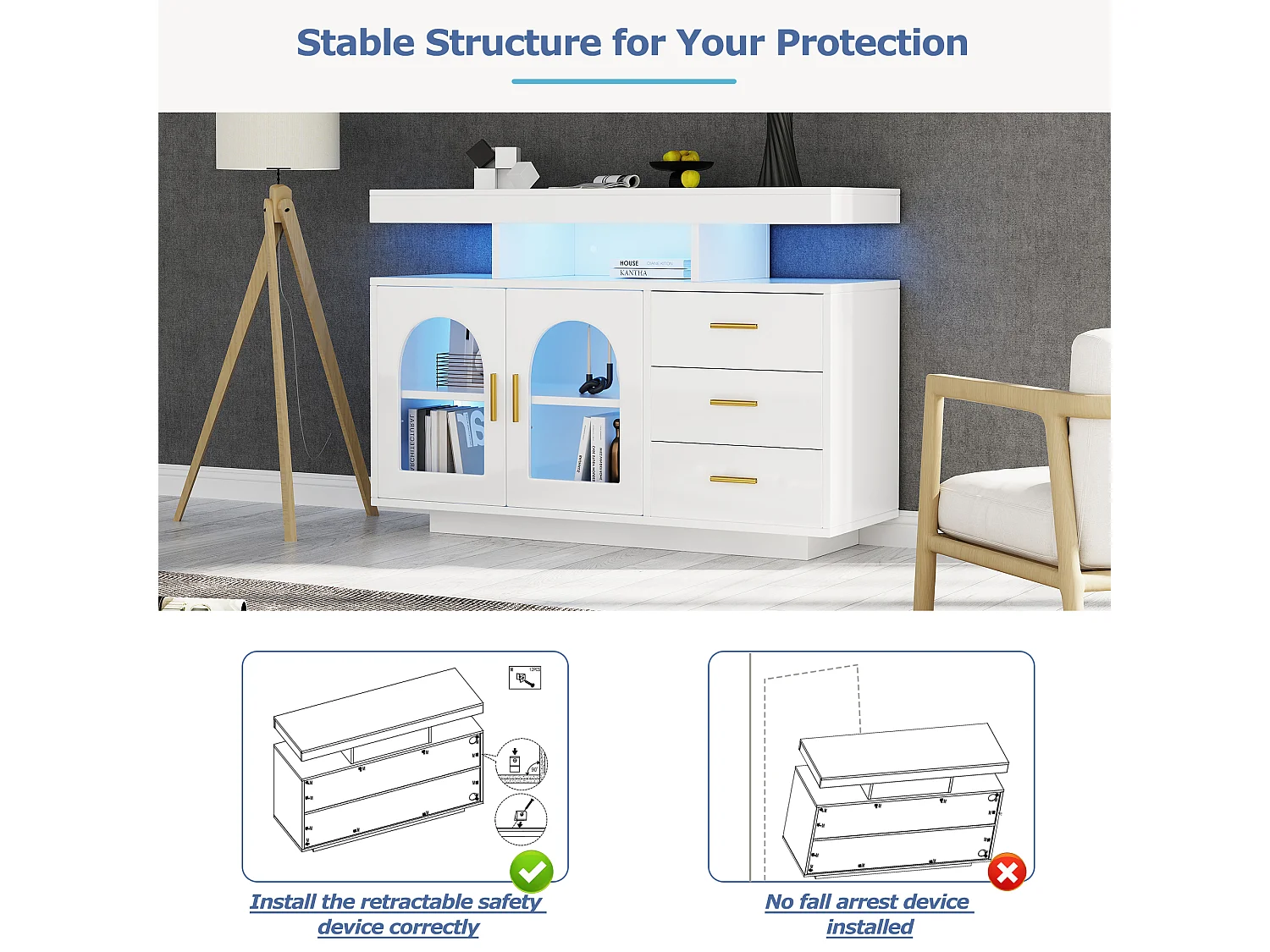 Sideboard, Küchenschrank mit LED – 3 Schubladen und 2 Türen – Weiß