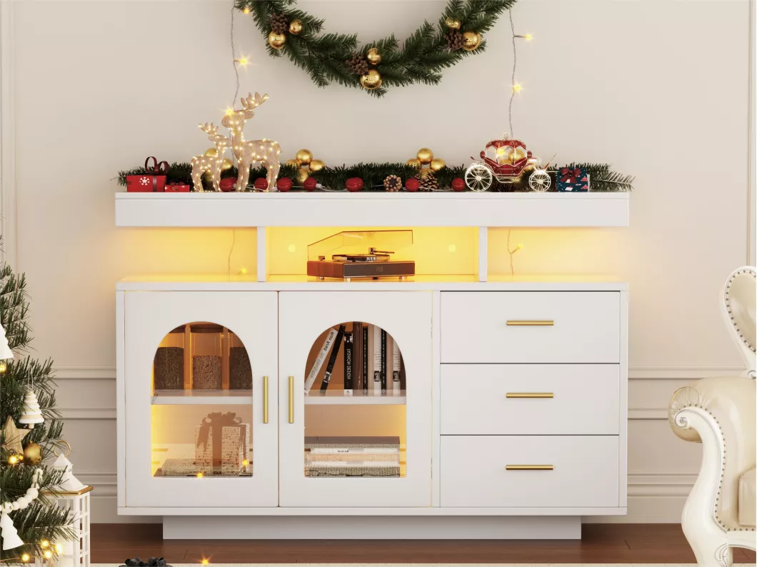 Kauf Unique Sideboard, Küchenschrank mit LED – 3 Schubladen und 2 Türen – Weiß