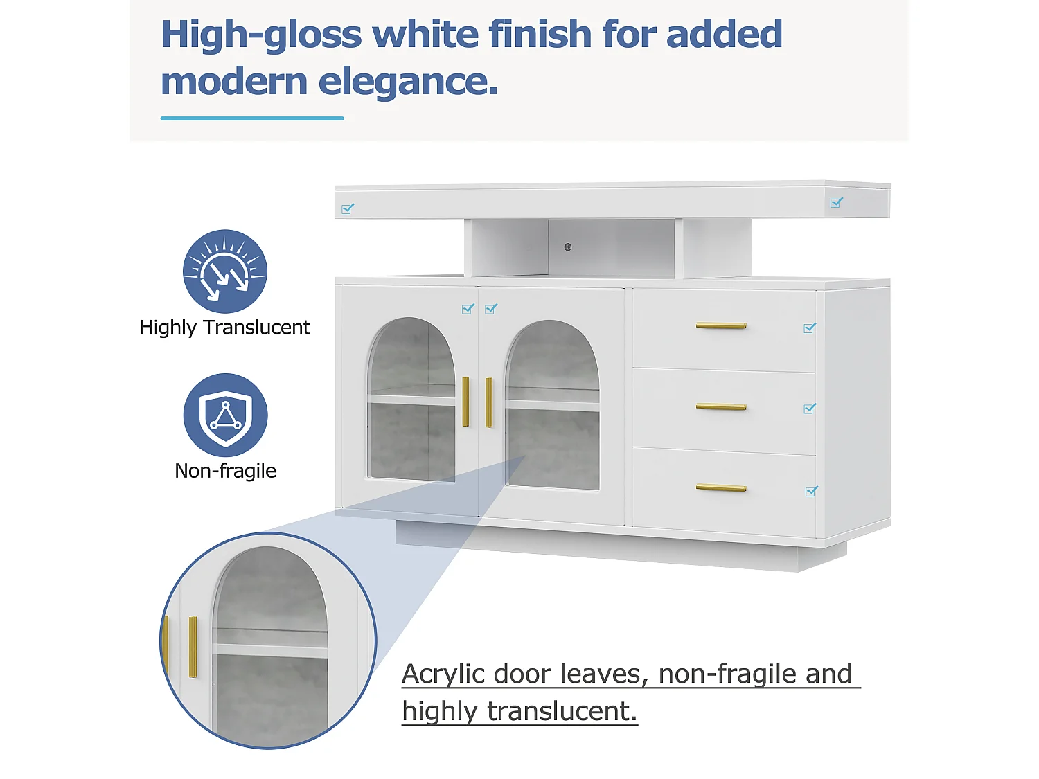 Buffet、armoire de cuisine avec LED - 3 tiroirs et 2 portes - Blanc