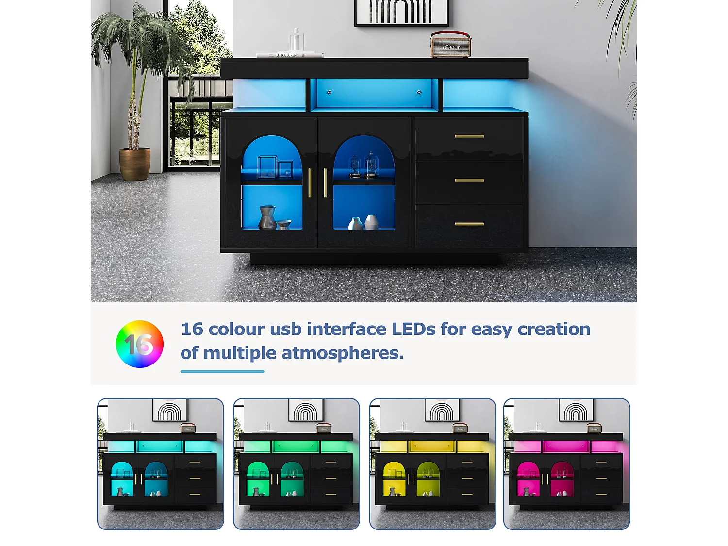 Aparador、armário de cozinha com LED - 3 gavetas e 2 portas - Preto