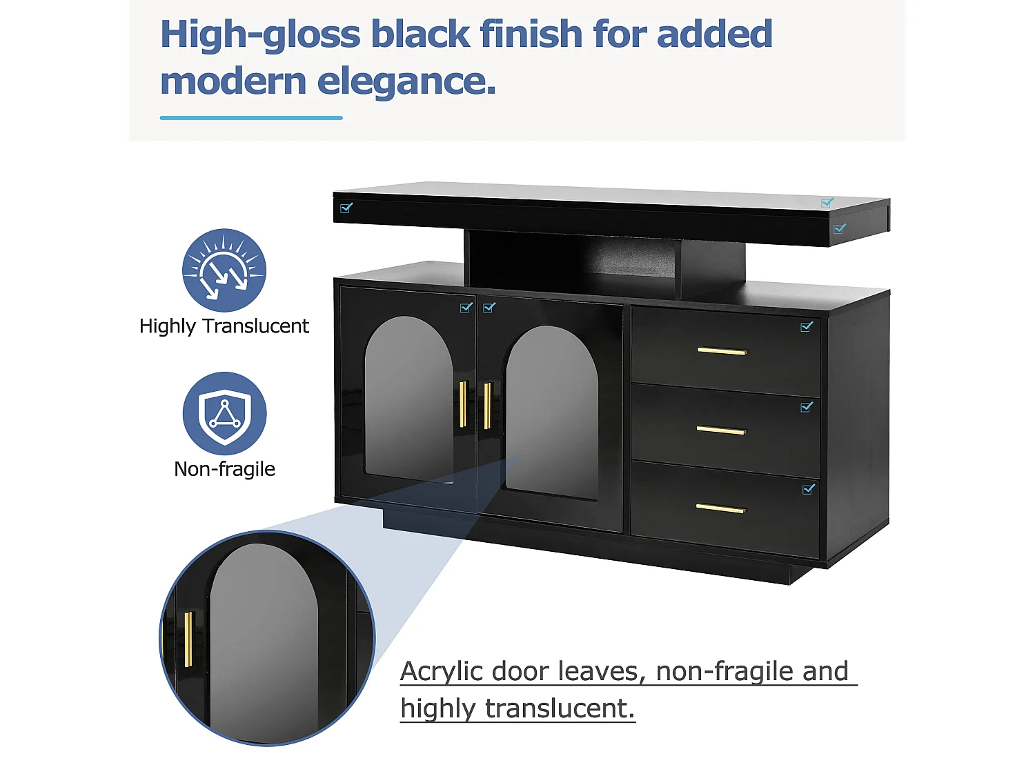 Aparador、armário de cozinha com LED - 3 gavetas e 2 portas - Preto