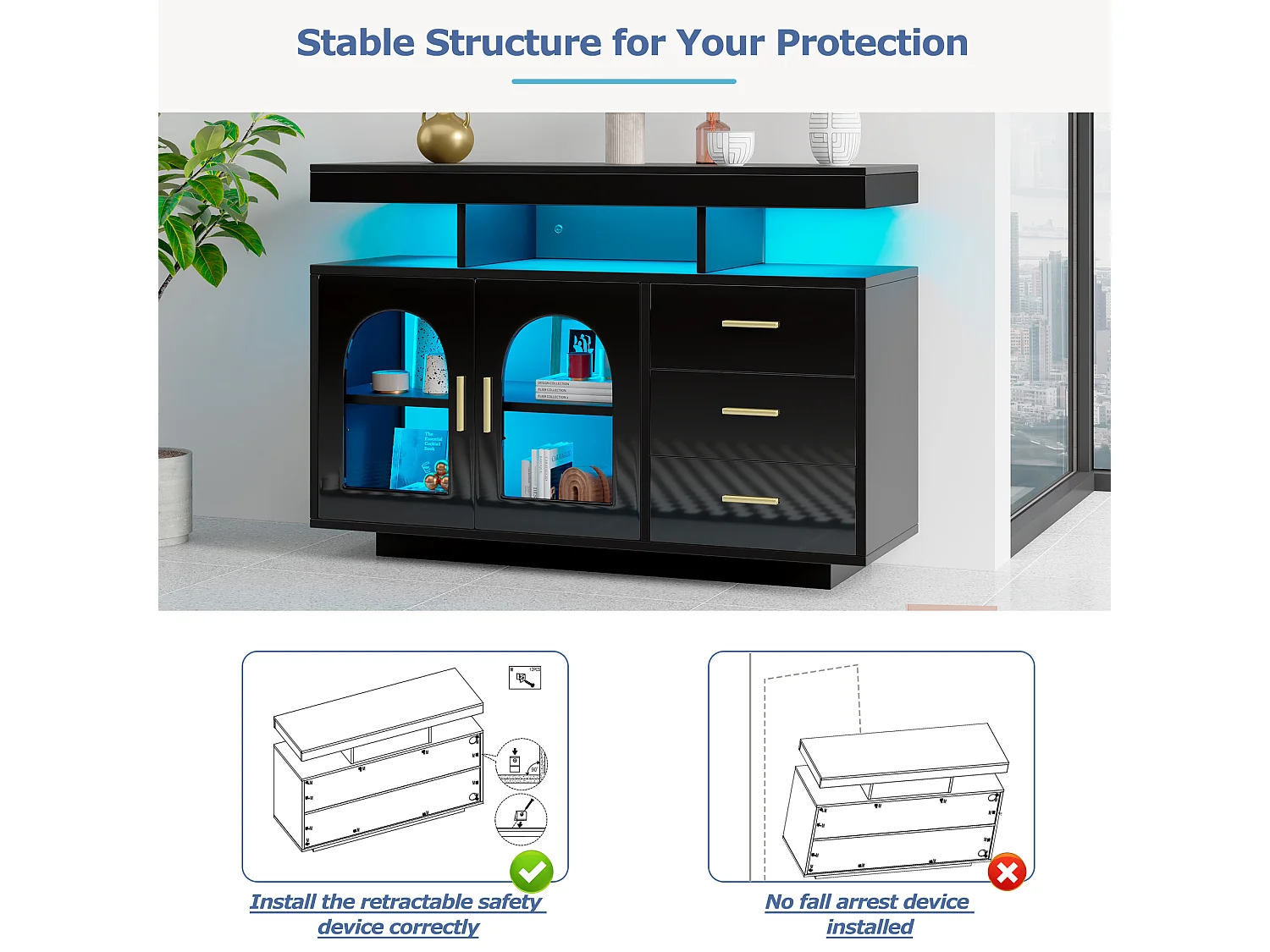 Aparador、armário de cozinha com LED - 3 gavetas e 2 portas - Preto