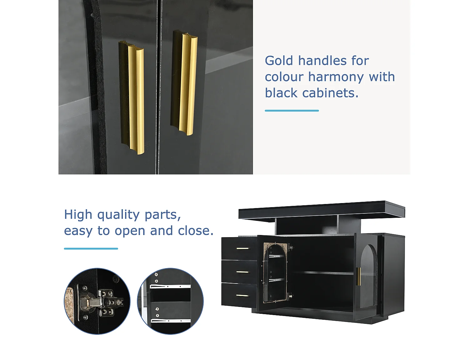 Aparador、armário de cozinha com LED - 3 gavetas e 2 portas - Preto