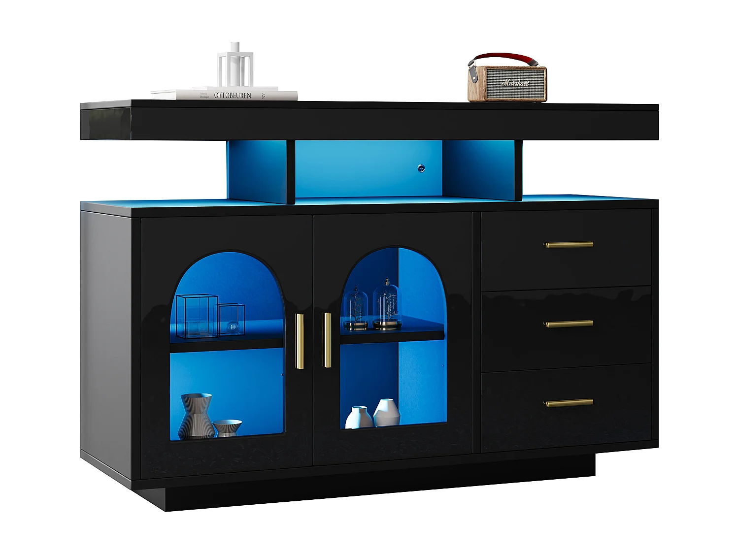 Aparador、armário de cozinha com LED - 3 gavetas e 2 portas - Preto