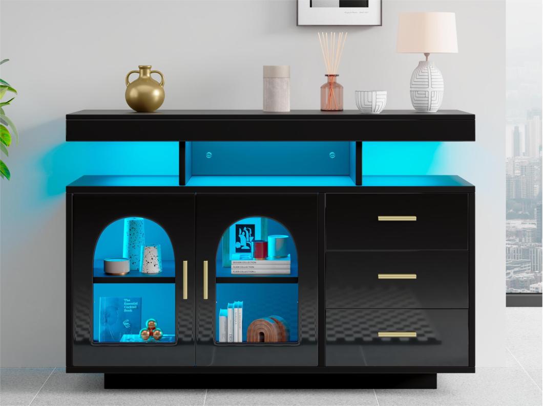 Dressoir、keukenkast met LED - 3 laden en 2 deuren - Zwart