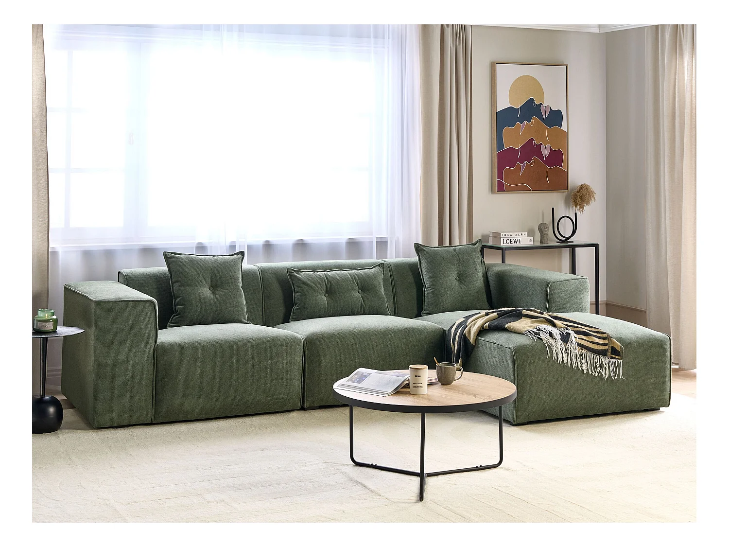 Canapé d'Angle Côté droite 3 Places avec Coussins Rembourré en Tissu Chenille Vert Foncé Dolva