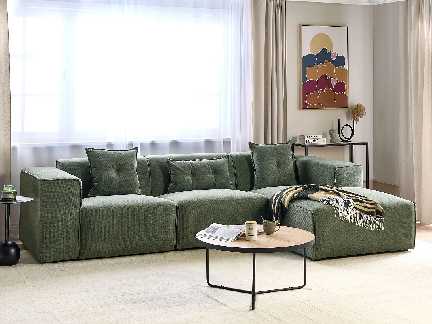 Canapé d'angle DOLVA Tissu chenille Vert foncé 3 places Côté gauche